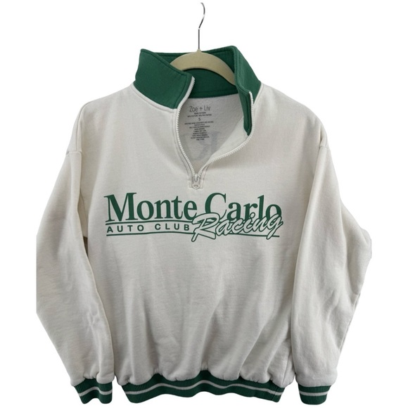 Zoe + Liv Sweaters - Zoe + Liv Green and White Monte Carlo Racing Quarter-Zip Sweatshirt